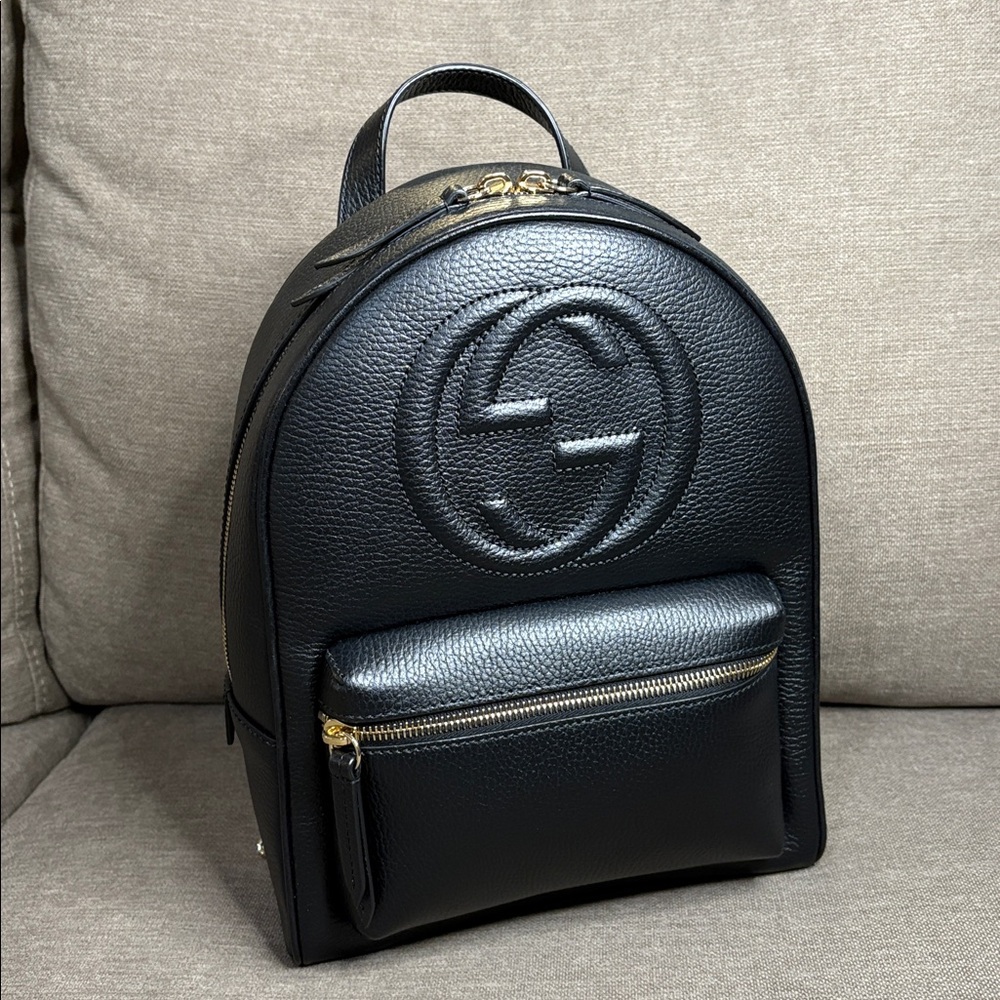 NWOT Gucci Soho Interlockcing GG Black Leather Rucksack Backpack Dust Bag COA - Picture 2 of 9